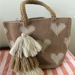 Woven Heart Tote Bag in Tan and Cream — Stylish Handbag